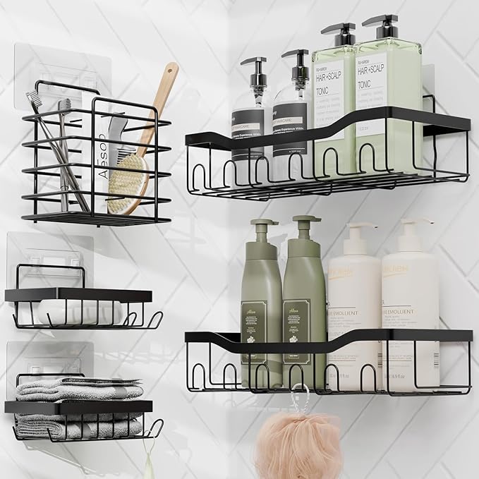 Clara Clark Bathroom Set - Navy Blue Bathroom Accessories Set, 6PC Bathroom Accessory Set, Bathroom Sets with Adhesive Corner Shower Caddy Hanging, Toilet Brush, Trash Can & Soap Dispenser