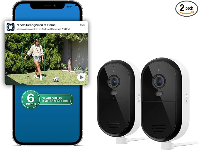 Arlo Essential Security Camera 2K (2025 Release) + 6 Months of Secure Plus Plan - Continuous Wired Plug-in Power Outdoor Camera, Person Recognition, Package Detection, Animated Preview, 2 Cam, White