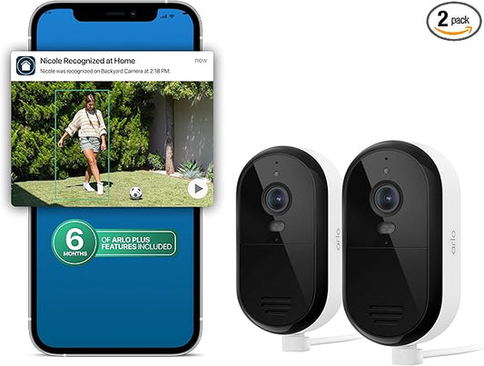 Arlo Essential Security Camera 2K (2025 Release) + 6 Months of Secure Plus Plan - Continuous Wired Plug-in Power Outdoor Camera, Person Recognition, Package Detection, Animated Preview, 2 Cam, White
