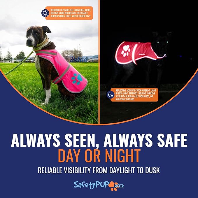 SafetyPUP XD Dog Reflective Vest – Hi-Vis Fluorescent Visibility That Helps to Safeguard Your Pet On/Off Leash in Urban & Rural Areas (Pink, X-Large)