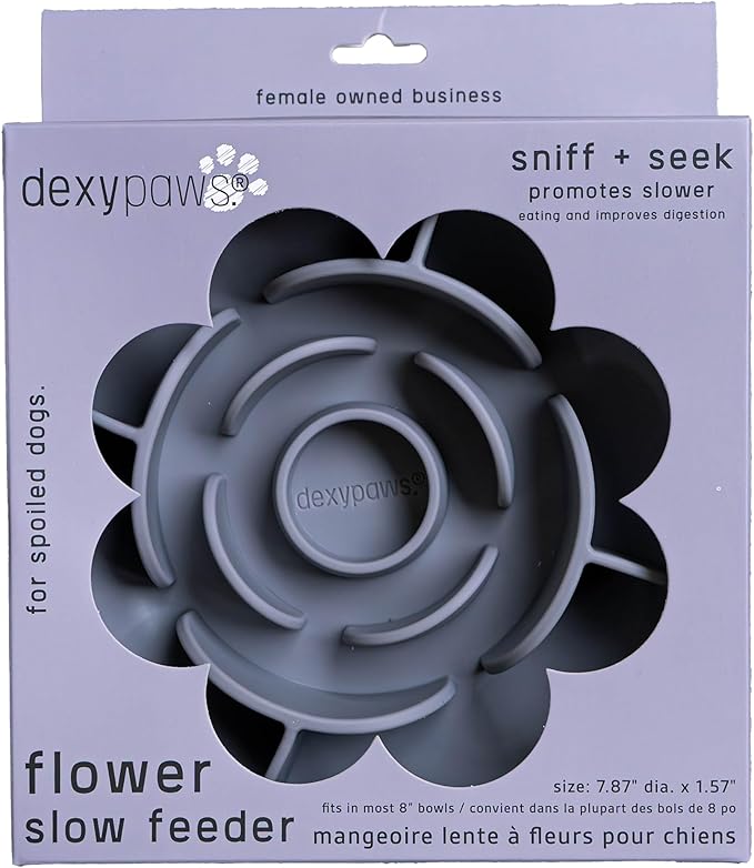 Flower Slow Feeder - Grey - Dog & Pet Mealtime Accessory, Fits Into Most 8" Bowls, Suction Base, Safe & Non-Toxic, Food-Grade Silicone
