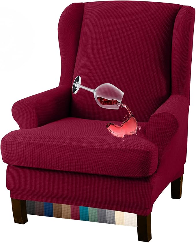 Granbest Premium Water Repellent Wingback Chair Cover 2-Piece High Stretch Jacquard Fabric Wing Back Chair Slipcovers (Wing Chair Cover, Wine Red)