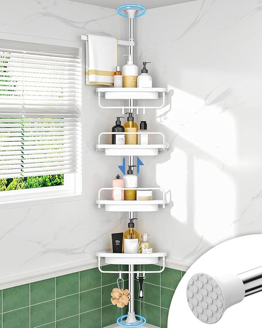 ALLZONE Rustproof Shower Caddy Corner for Bathroom, Tension Corner Shower Caddy Tension Pole, Solid Shower Organizer with 4 Adjustable Shower Shelves, Shower Rack Fit Heights 34 to 116 Inches,White