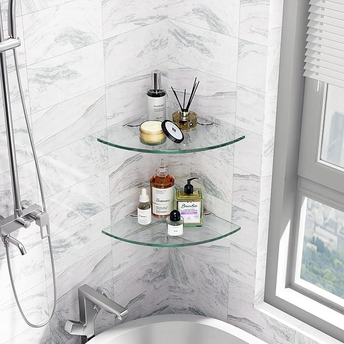 2 Tier Glass Corner Shelf Clear Shower Shelf Adhesive Shower Caddy Corner Organizer Thick Tempered Glass Bathroom Shelf Shampoo Holder for Shower Toilet Shelf Organizer 9.4" R