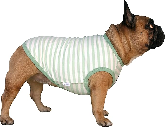 iChoue French Bulldog 100% Breathable Cotton Striped T Shirts Halloween Vest Clothes for Medium Dogs Tank Tops Puppy Frenchie Pug English Boston Terrier Pitbull Green White Stripes - Large