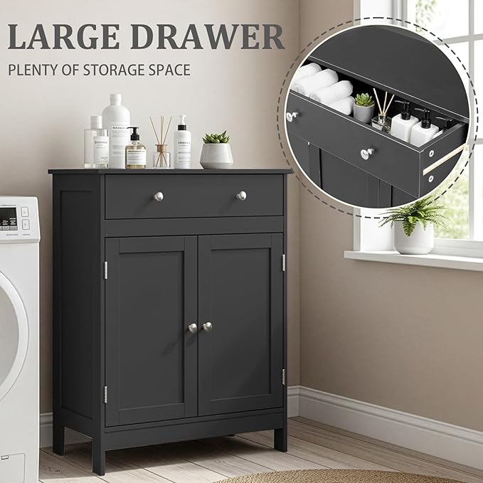 Karl home Black Floor Storage Cabinet, Freestanding Storage Unit with 2 Doors, Thin Toilet Organizer for Small Spaces，for Entryway, Bathroom