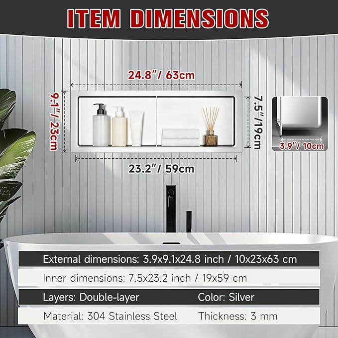 No Tile Needed Shower Niche 9"X 25", Bathroom Wall Niche Double Shelves, Stainless Steel Shower Niche for Bathroom, Kitchens, Balconies
