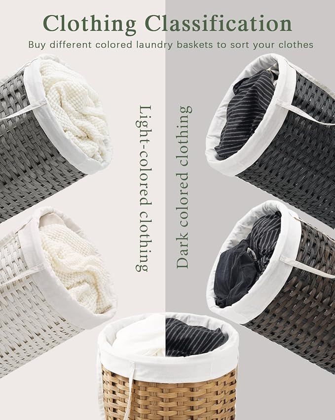 34.3 Gal (130 L) Large Laundry Hamper Laundry Basket Round Handwoven Wicker Laundry Baskets Rattan Laundry Basket with Removable Bag Handles 2 Mesh Bags for Living Room Bedroom Natural