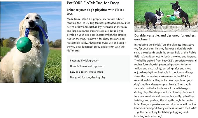 PetKORE: FloTex Tug - Large - 3.25" Green, Rubber Dog Toy, Removable Strap Tail, Patented Airflow Grooves, Bounce-Fetch-Chew, Pet Indoor-Outdoor Play