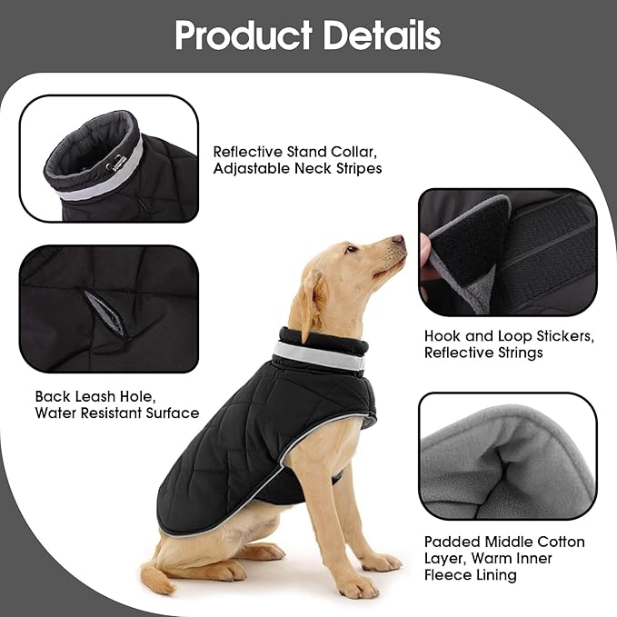 Dog Winter Coat Warm Padded Puppy Jacket Windproof Water Resistant Clothes for Small Medium Large Pets Christmas Sweater Outfit Vest(Black, M)