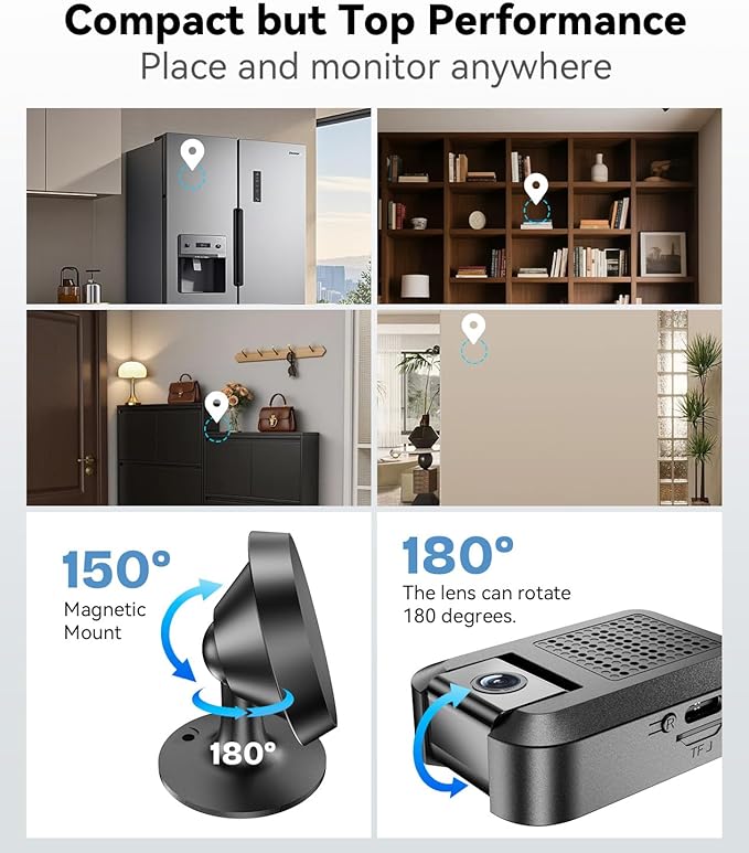 Mini Camera - 4K HD Wireless WiFi Indoor Nanny Camera with AI Human Detection, Night Vision, Magnetic Design, Cloud Storage & TF Card Storage, Supports APP Control for Home, Office, Baby, and Pet