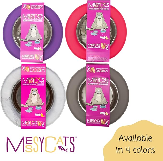 Messy Cats Single Silicone Feeder with Stainless Saucer Shaped Bowl | Anti-Slip Non-Skid Cat Food Bowl | One Cat Bowl in Feeding/Water Station | 1.75 Cups (Marble)