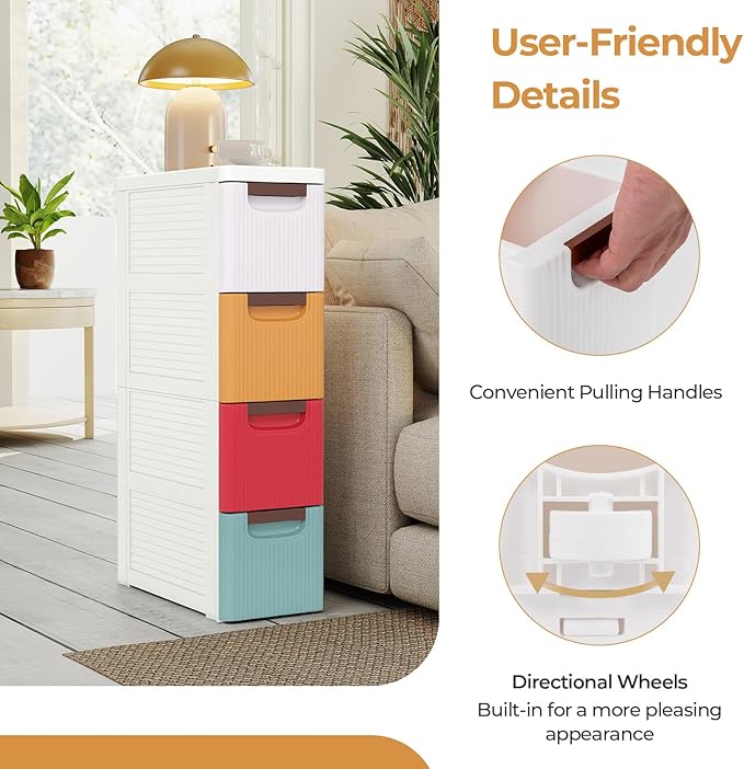 Giantex 4 Drawers Storage Cart, Narrow Plastic Dresser, Rolling Organizer Cart for Office Classroom Bedroom Bathroom Art Craft Supplies, Mobile Slim Utility Cart on Wheels, Multicolor