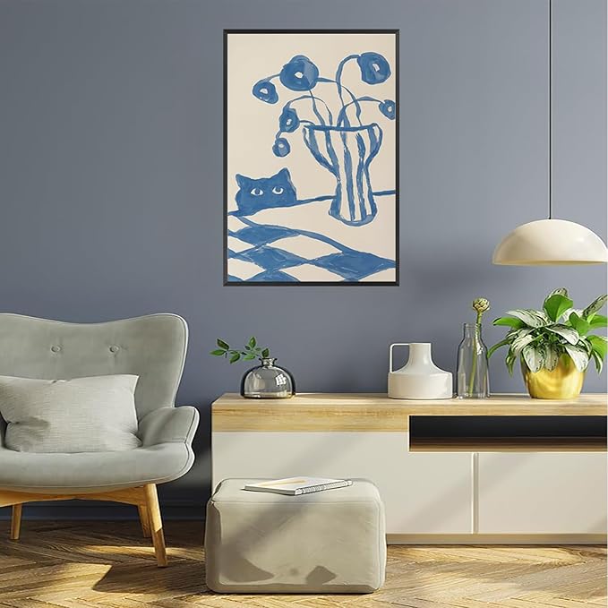Funny Sneaky Cat Poster Scandi Animal Sketch Canvas Wall Art Blue Modern Abstract Flower Vase Aesthetic Prints Painting For Living Room Kitchen Dining Room Wall Decor 16x24in Framed