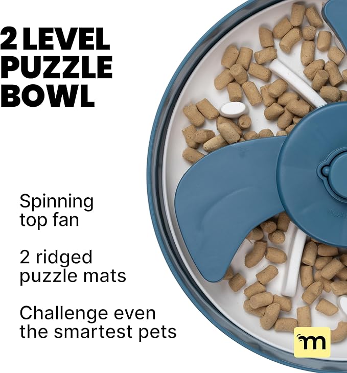 MalsiPree Spinning Slow Feeder Dog Bowl - Interactive Puppy Training Supplies & Dog Birthday Gifts - Anti-Choke Non-Slip Puzzle Feeder for Small & Large Breeds with 2 Interchangeable Mats - Blue