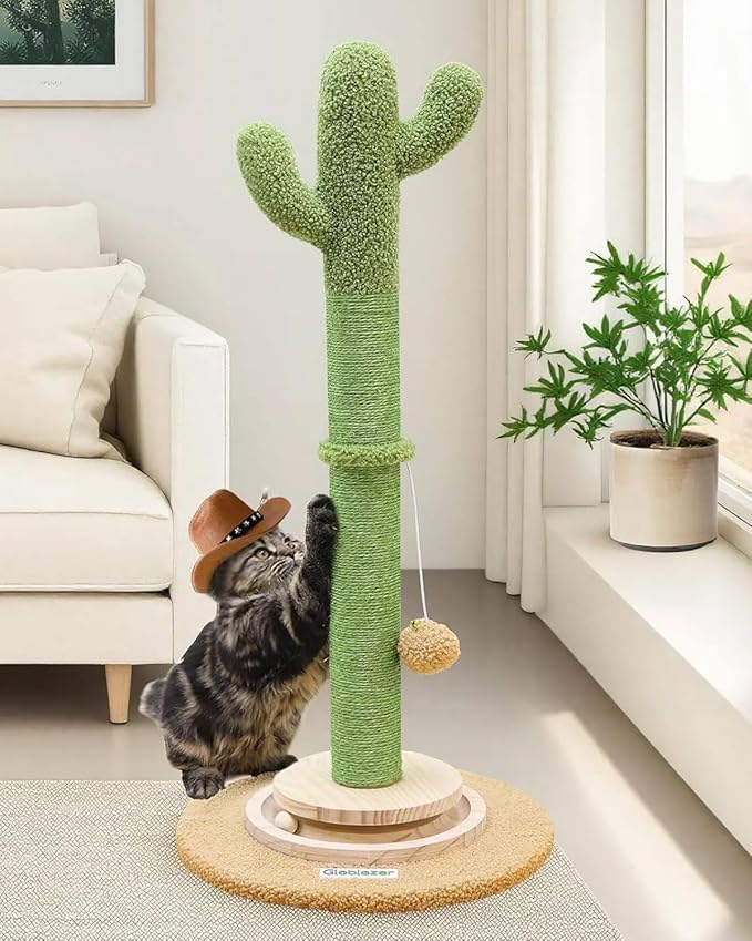 Globlazer Tall Scratching Post for Cats, Cactus Cat Scratching Post Cat Scratcher Cute Sisal Large Cat Scratching Post with Modern Wooden Ball Tracking Interactive Toys, SC30