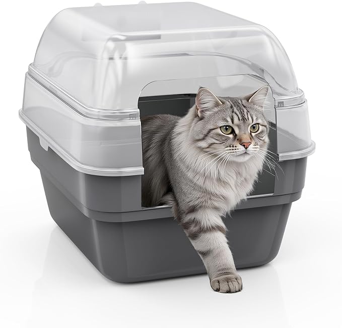 Large Cat Litter Box with Transparent Lid, Foldable Hooded Litter Box with Front Door Flap for Privacy, Easy Clean Non-Sticky Litter Box with Intelligent Deodorizing, (21.6" L x 17.8" W x 17.3" H)