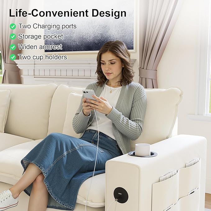116" Modular Sectional Sofa, U Shaped Cloud Couch with Movable Ottoman, Chenille Deep Seat Cloud Sofa with Charging Station, Cup Holder, Side Pocket, Sectional Couches for Living Room, Beige