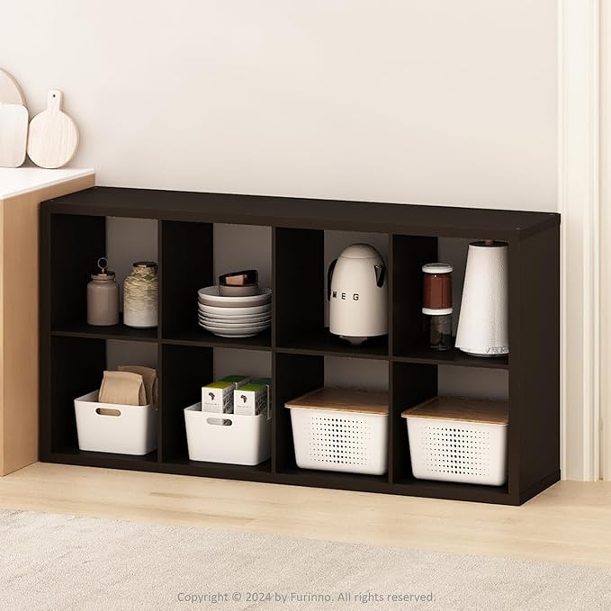 Furinno Hermite 8-Cube Open Shelves Kitchen Storage, Kitchen Island, Bakers Rack, Buffet Sideboard, Black Dark Oak