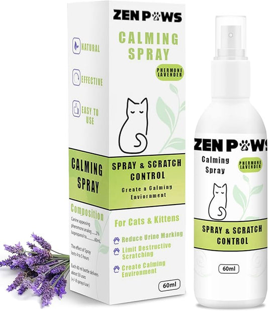 Zenpaws Cat Phermone Calming Spray - Quickly Relieve Stress - Reduces Scratching Furniture, Peeing, Marking, Anxiety - Supports Relief for Fireworks, Travel, Vet Visits 60ml