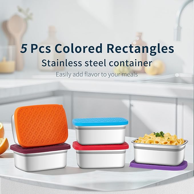 Airtight Silicone Lids Stainless Steel Food Containers - 5 Pack Extra Heavy Duty Meal Prep Boxes for Lunch, Freezer & Dishwasher Safe