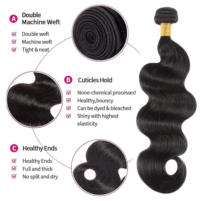 12A Human Hair Bundles Body Wave Bundles Human Hair 3 Bundles 20 22 24 Inch 100% Unprocessed Brazilian Virgin Hair 100g/Bundle Real Human Hair Extensions Natural Black