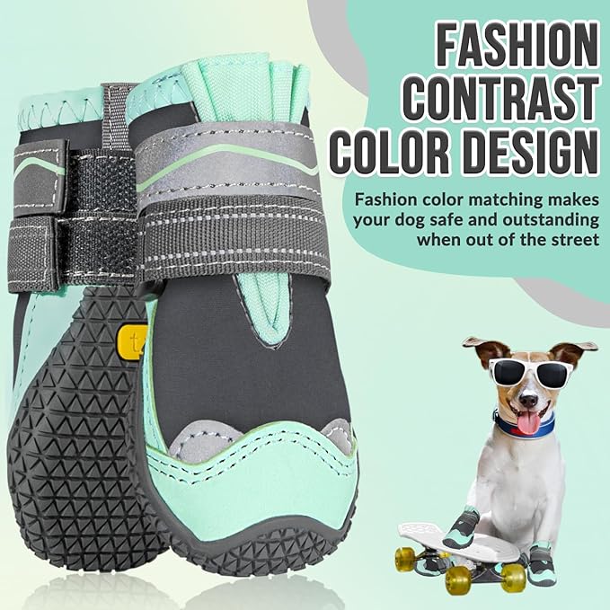 SlowTon Dog Shoes for Large Small Medium Dogs - Waterproof Dog Boots for Summer Hot Pavement, Paw Protector for Outdoor Walking Winter Snow, Anti-Slip Rubber Dog Booties for Hardwood Floor (Green, 6)