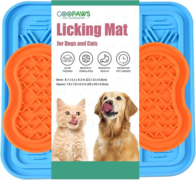 Licking Mat 2 Pack - Orange & Blue - Dog & Cat Slow Feeding Textured Pads, Food Grade Silicone, Spread Food & Treats, Pet Soothing Activity