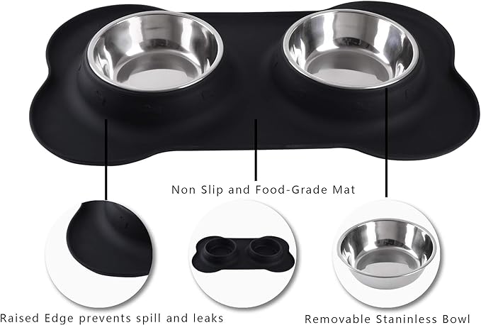 Hubulk Pet Dog Bowls 2 Stainless Steel Dog Bowl with No Spill Non-Skid Silicone Mat + Pet Food Scoop Water and Food Feeder Bowls for Feeding Small Medium Large Dogs Cats Puppies (Extra Large, Black)