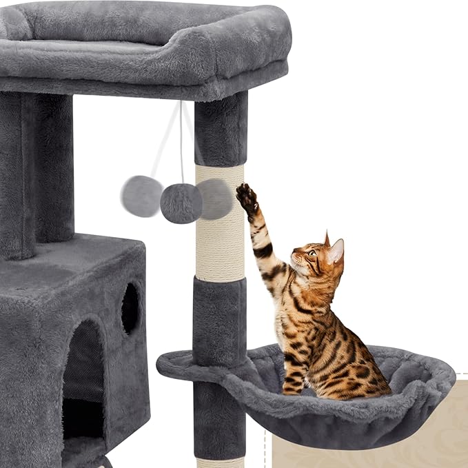 Athena Collection Small Cat Tree, Modern 36 Inch Cute Cat Tree Tower with Scratching Post Condo Hammock Activity Platform and Playing Ball for Indoor, Dark Grey