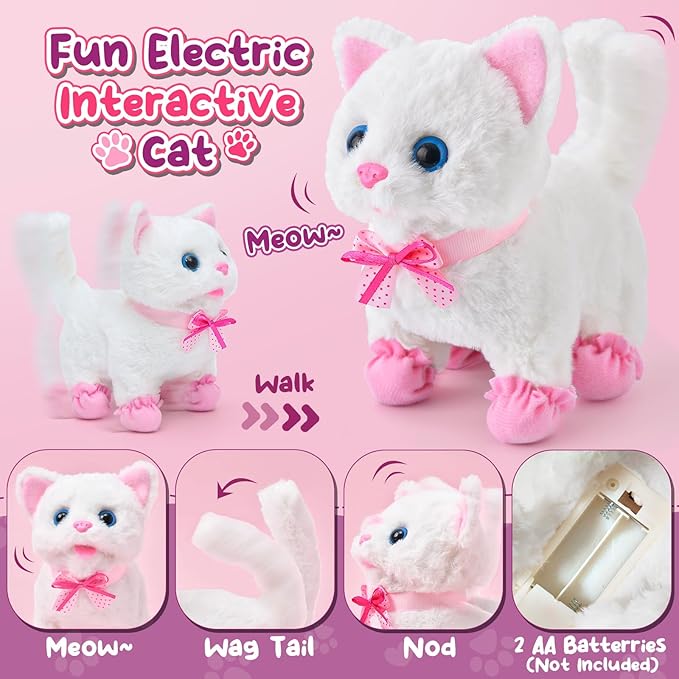 Golray Cat Toys for Kids Girls Gift, Electronic Interactive Plush Toy Cat Can Walk and Meow - 16 Pcs Carrier & Pet Groom Feed Care Pretend Play Set, Birthday Gift for Toddler Little Girl 3 4 5 6 7 8 9