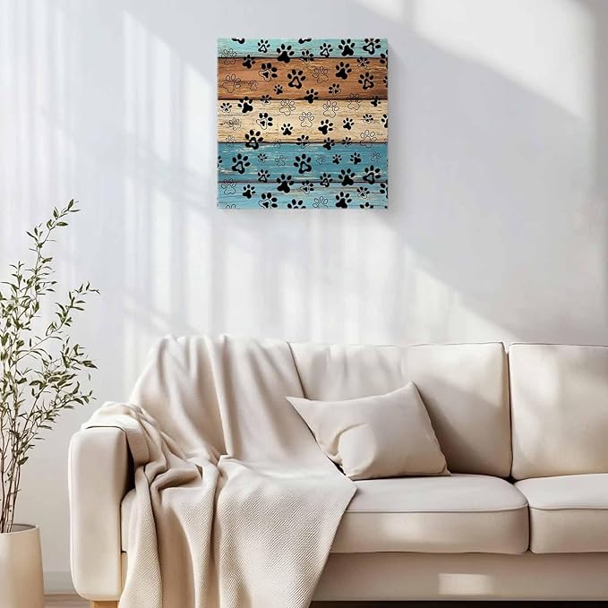 Framed Canvas Wall Art for Living Room Dog Paw Print Wall Decor, Retro Brown Teal Blue Wood Grain Aesthetic Paintings for Bedroom Office Kitchen Bathroom, Ready to Hang Wall Pictures 20x20 Inch