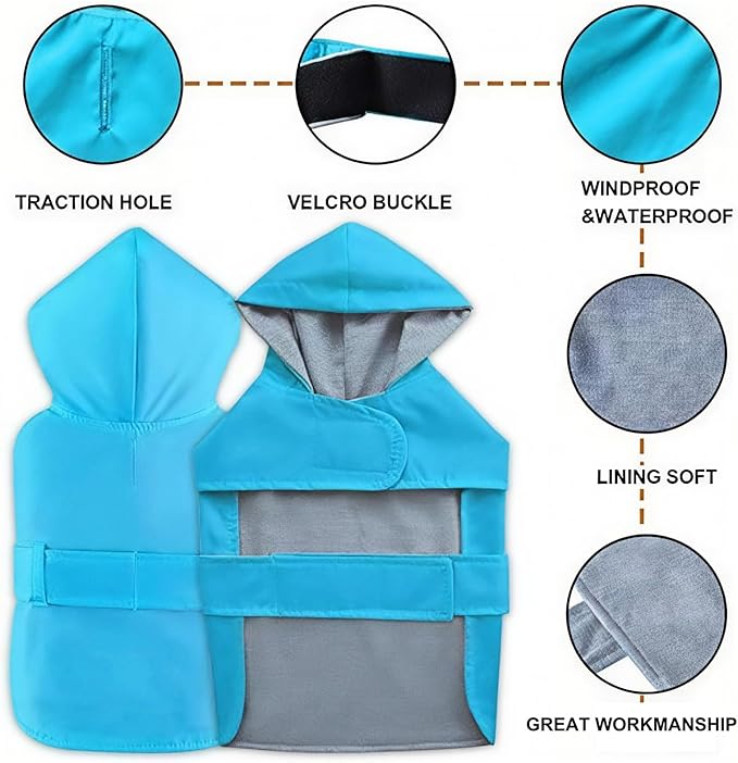Dog Raincoat Small Dog Rain Jacket Poncho Waterproof Snowproof Pet Rain Suit Lined Warm Lining Hooded Leash Hole Adjustable Puppy Small Medium Dogs,Blue,S