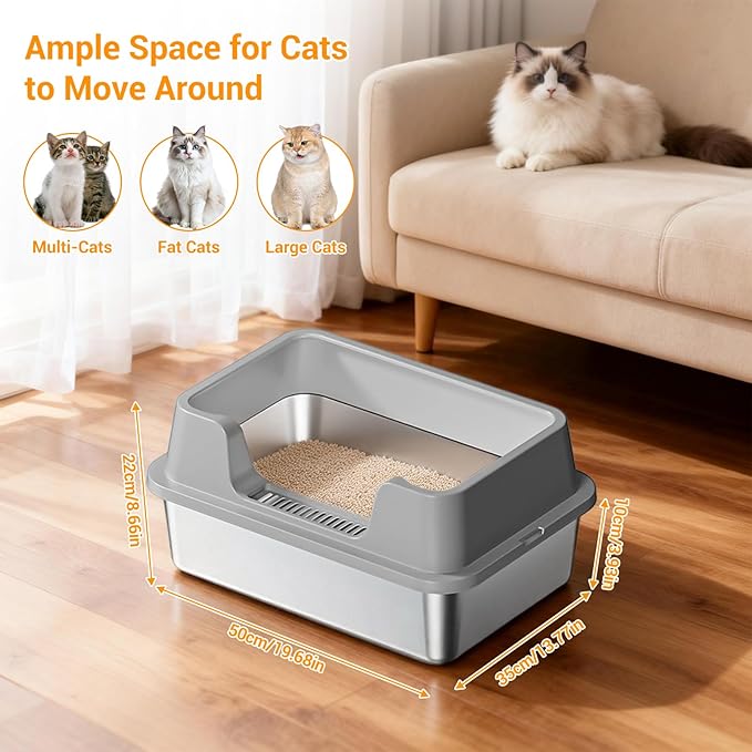 Enclosed Stainless Steel Cat Litter Box with Lid Extra Large Litter Box for Big Cats XL Metal Litter Pan Tray with High Wall Sides Enclosure, Non-Sticky, Anti-Leakage, Easy Cleaning