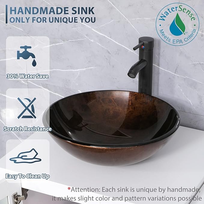 eclife 36" Modern Bathroom Vanity Sink Combo Freestanding Cabinet with Small Side Cabinet, Brown Round Glass Vessel Sink, Water Save Faucet, Drain (Gray+A09)