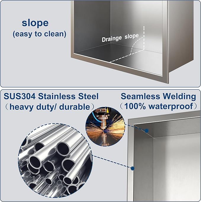 Neodrain No Tile Shower Niche, Stainless Steel Wall Niche 13.1"X25.1"(Inner Size 12"X24"), Two-Tier Bathroom Shelf Waterproof Cubby, NO Tile Needed Recessed Cabinet for Bathroom Storage