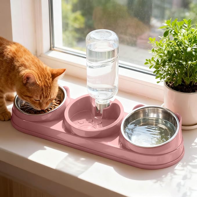 Elevated Cat Bowl Set, 15° Raised Cat Food and Water Bowl with Dispenser, Pet Dishes for Indoor Cats, Small Medium Dogs & Rabbit Feeding, Anti-Vomiting, Slow Feeder (Pink)