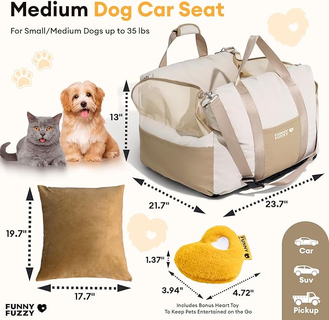 FUNNY FUZZY Waterproof Dog Car Seat for Small & Medium Dogs Up to 35lbs, Detachable & Washable Pet Booster Seat with Leash, Thick Cushion, Storage Pockets & Adjustable Straps (Beige)
