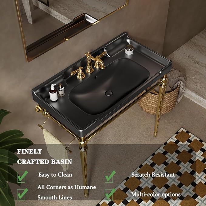 36" Bathroom Console Sink, Wall-Mounted Black Ceramic Vanity Basin with 3 Pre-drilled Faucet Holes, Freestanding Gold Stainless Steel Support Legs with Towel Bar, No Faucet - Rome, Black