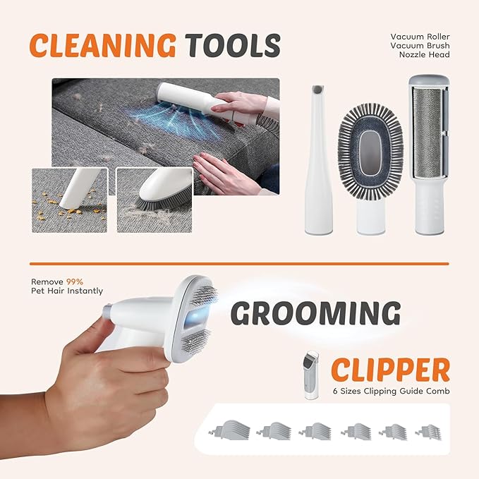 5-in-1 Pet Grooming Vacuum Kit, Dog Clippers with Cordless Low Noise 2.5L Dust Cup, 3 Suction Modes and 5 Groomer Tools for Dogs, Cats and Other Animals Hair Trimmer