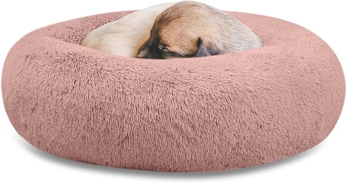 SAVFOX 23 inches Calming Donut Dog Bed - 3X Durable Plush Faux Fur, Machine Washable & Non-Slip, Fits up to 25 lbs, Pink