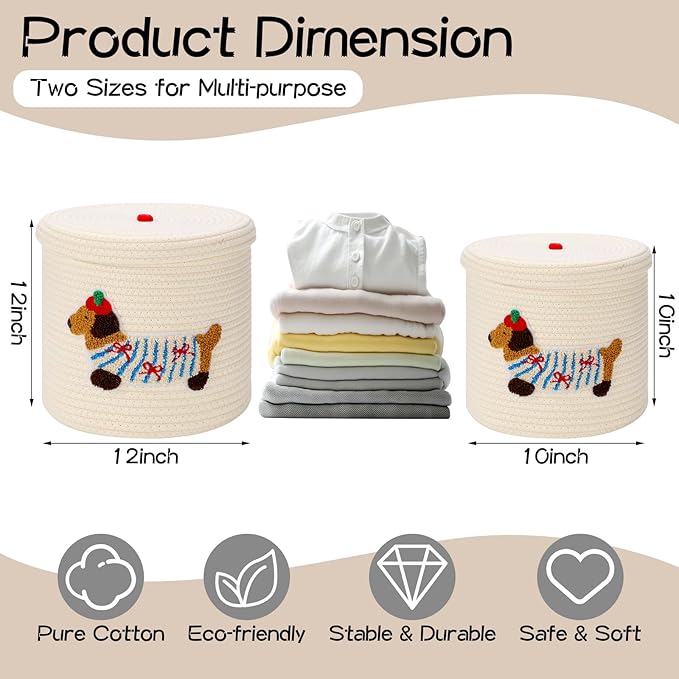 Novabright 2 Pcs Dog Woven Basket with Lid Cute Toy Storage Bin Cotton Rope Puppy Animal Storage Basket for Laundry Toy Pet Gift Organizer for Clothes Towels