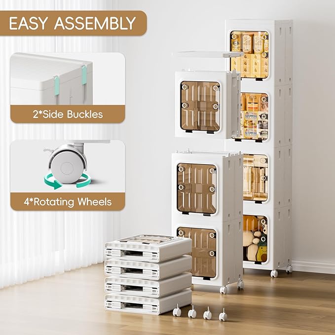 JEKO&JEKO 195 Qt Narrow Bathroom Storage Cabinet, 4-Tier Slim Tall Cabinet Organizer with Wheels, Foldable Plastic Storage Bin for Small Spaces, White