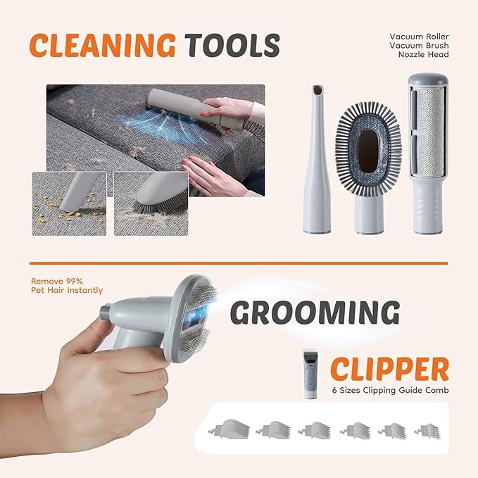 5-in-1 Pet Grooming Vacuum Kit, Dog Clippers with Cordless Low Noise 2.5L Dust Cup, 3 Suction Modes and 5 Groomer Tools for Dogs, Cats and Other Animals Hair Trimmer