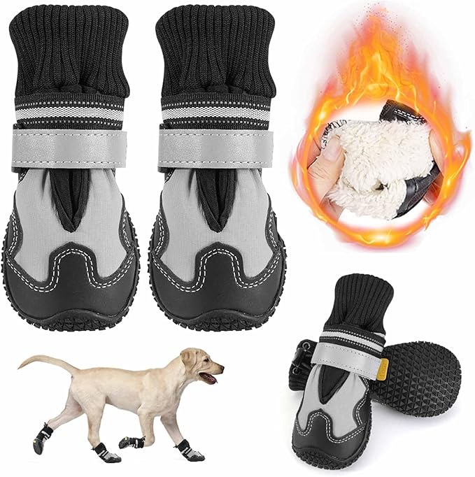 Lukovee Dog Shoes - Waterproof Warm Fleece Lined Dog Booties for Small Medium Large Dogs, Non-Slip Adjustable Dog Boot for Winter Cold Weather (GY,Size 2)