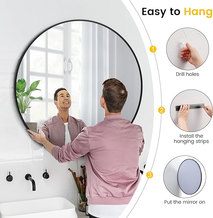 GarveeHome Round Mirror, 32 in Large Aluminum Alloy Circle Frame, High Definition Eco-Friendly Black Round Bathroom Mirror for Over Sink, Wall Mirror for Entryway, Bathroom, Vanity