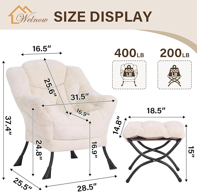 Welnow Lazy Chair with Ottoman, Modern Lounge Accent Chair with Armrests and a Side Pocket, Leisure Sofa Armchair, Reading Armchair with Footrest for Small Space, Plush Beige
