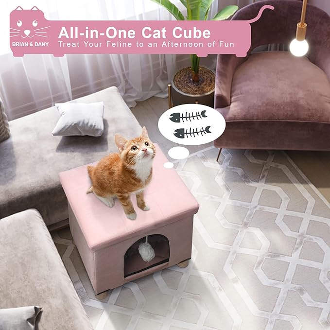 BRIAN & DANY Foldable Cat House, Cat Cave, Cat Cube with Scratch Board & Ball, 12.5" x 14.5” x 14.1”, Pink