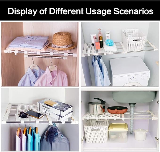 BAOYOUNI Adjustable Closet Shelf Extension Rod Clothes Storage Rack Organizer Hanger DIY Dividers Space Savers with 6 Mesh Spacers and 1 Hanging Rod, 21.65-35.43 in