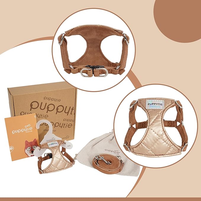 Puppytie No Pull xs Dog Harness with Multifunction Dog Leash,Soft Adjustable No Choke Escape Proof Pet Harness Vest,Glossy Oat Brown,XXS